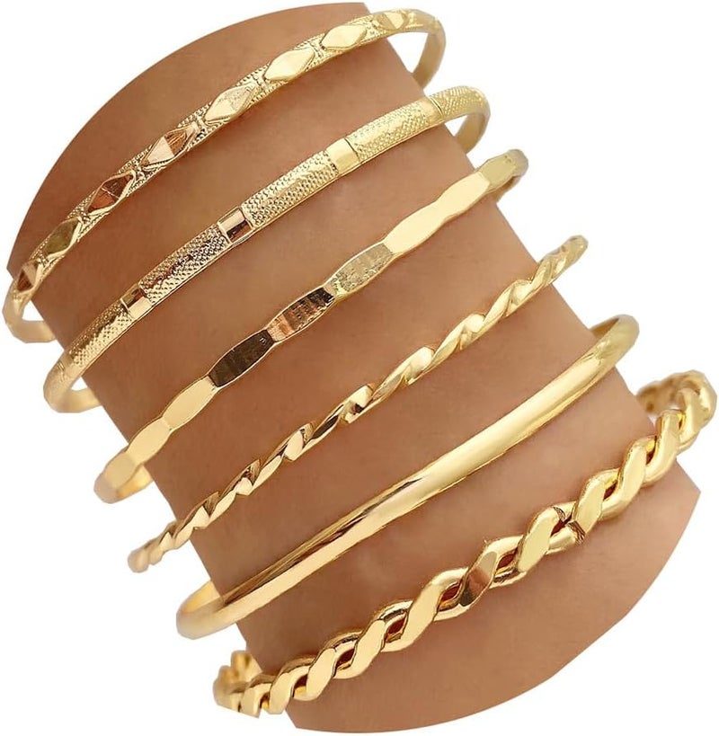 IFKM Gold Bangle Bracelets For Women, 14k Gold Plated Multi Layer Stackable Cuff Bracelet Set, Trendy Elegance Charms Non Tarnish Minimalist Textured Boho Jewelry Gift for Women - Image 1